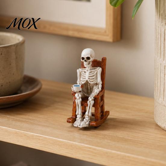 Novelty Skeleton Reading Figurine Halloween Figurine, Resin Sitting On Rocking Chair Statue, Drinking Funny Dark Holiday Figurines Coffee Crocheting