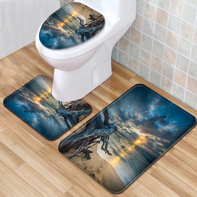 Beach View Bathroom Floor Mat Three-Piece Toilet Carpet Toilet Mat Set Door Mat Bathroom Non-Slip Mat