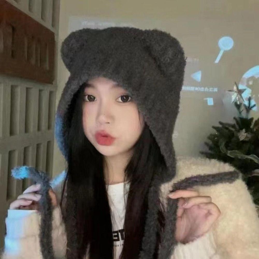 Lace-up Ear Protection Hat Warm Plush Beanie Cap Cute Bear Ears Knit Hat Cold Weather