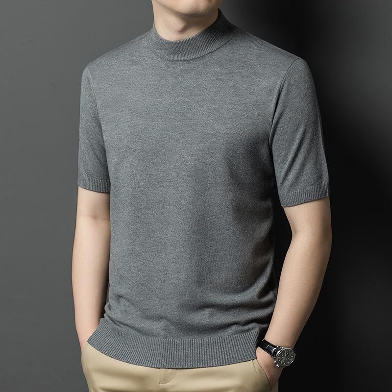 Men's Slim Fit Half-High Neck Wool Blend Knit Shirt - Short Sleeve, Fashionable, Versatile, Business Casual.