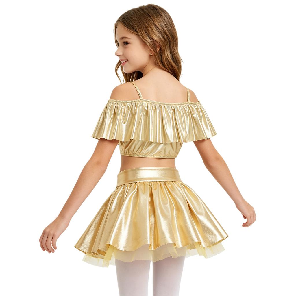 Girls Dancewear Off Shoulder Sleeveless Metallic Ruffle Crop Top and Shiny Tutu Skirt for Stage Competition Party Wear