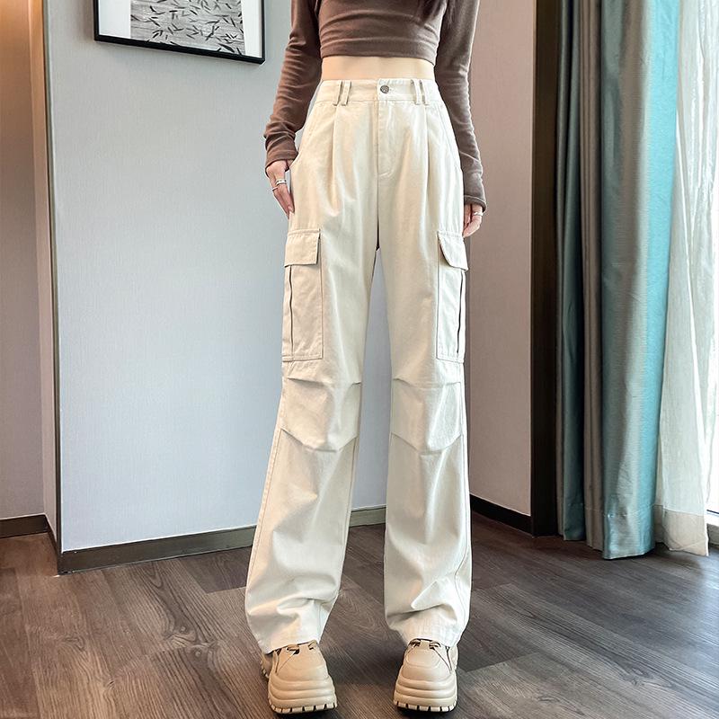 Women's Black Fleece-Lined High Waist Cargo Pants - Autumn/Winter, Slim-Fit, Straight-Wide Leg