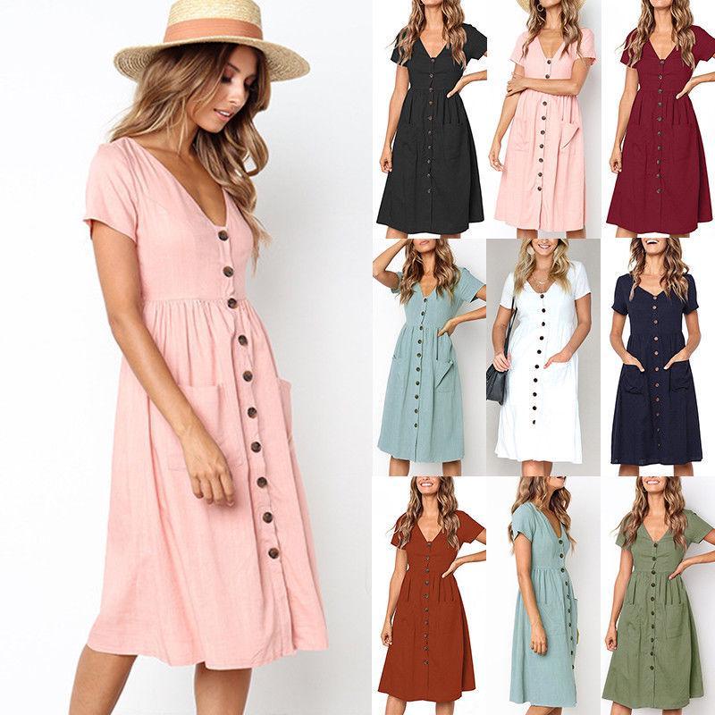 Nrj 2020 Hot Sale V-neck Button-up Short Sleeve Women's Dress With Pockets