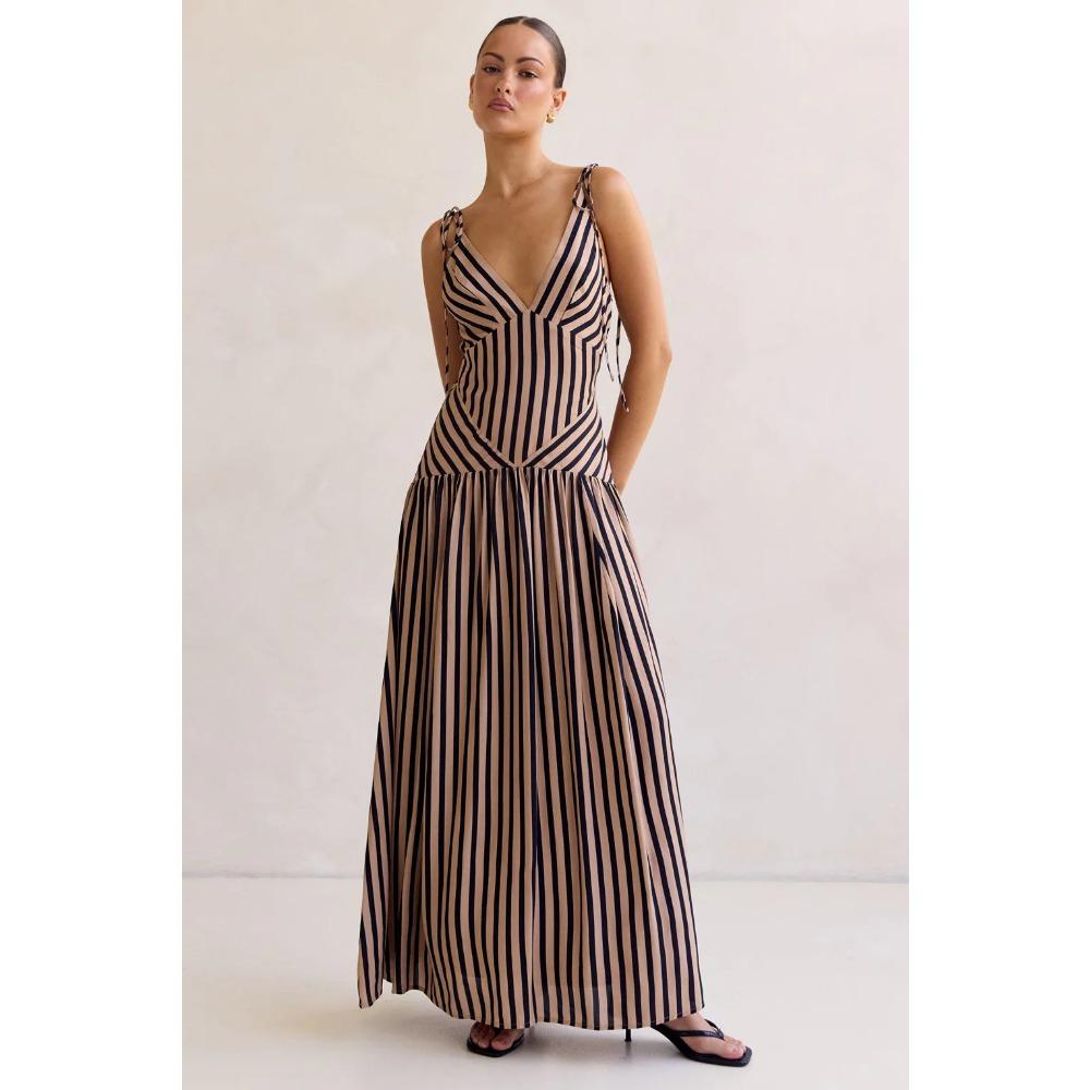 

European, American Summer Stripe Printing Lace-up Fashion V-neck Temperament Long Dress 86 XL темно-коричневого кольору