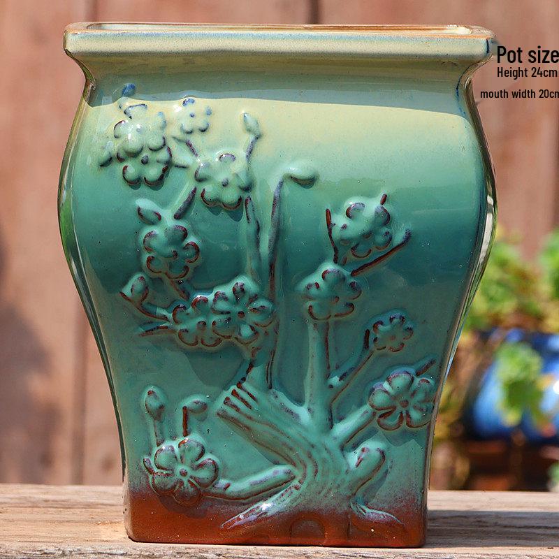 Yixing Handmade Square Mouth Coarse Pottery Planter - Large Succulent Flower Pot with Old Branch Design and Jade Pendant.