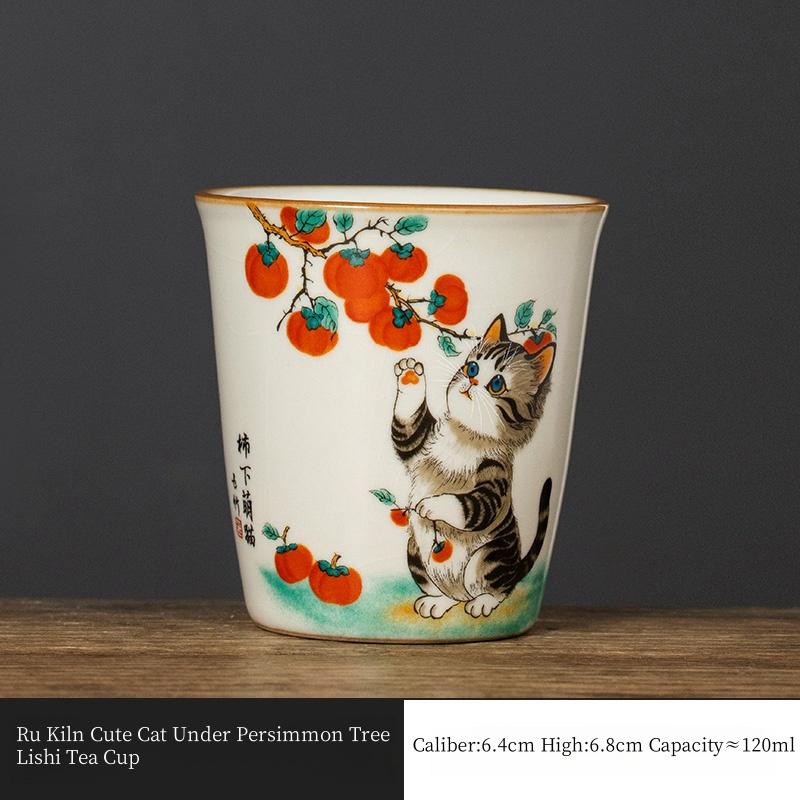 

120ML Ru Yao Cute Cat Under Persimmon Tree Lishi Teacup Owner s Cup Master Cup Opening Can Raise Kungfu Tea Set Tea Ceremony 200ml