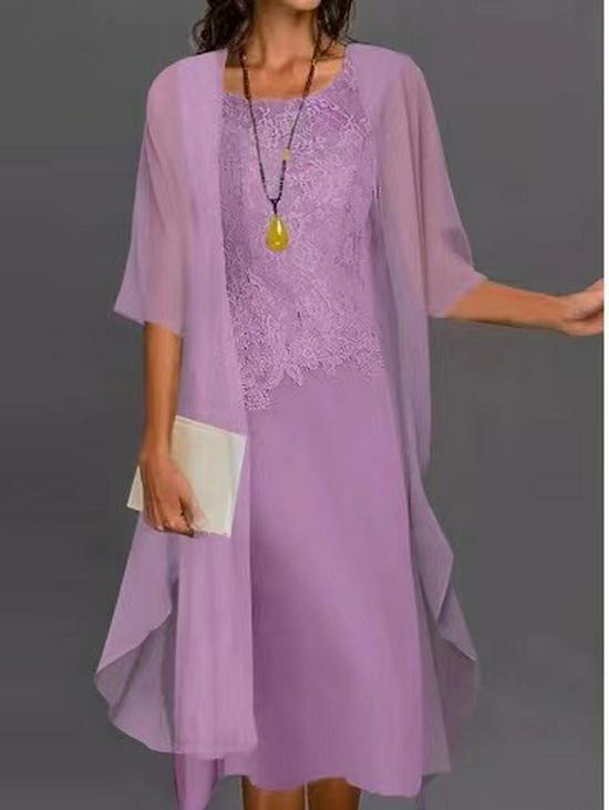 Set Rochie Două Piese din Șifon Monocrom cu Garnitură din Dantelă În Stoc