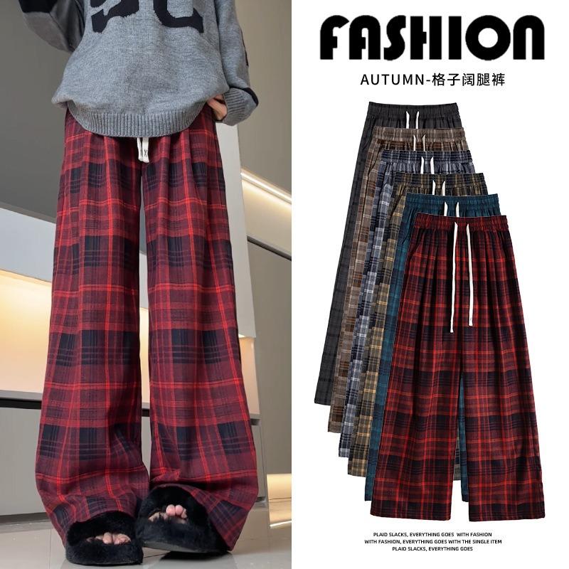 Plaid Pants Children's Autumn and Winter New Loose Lazy Wind Small Man Fleece Thickened Straight Retro Wide-leg Pants