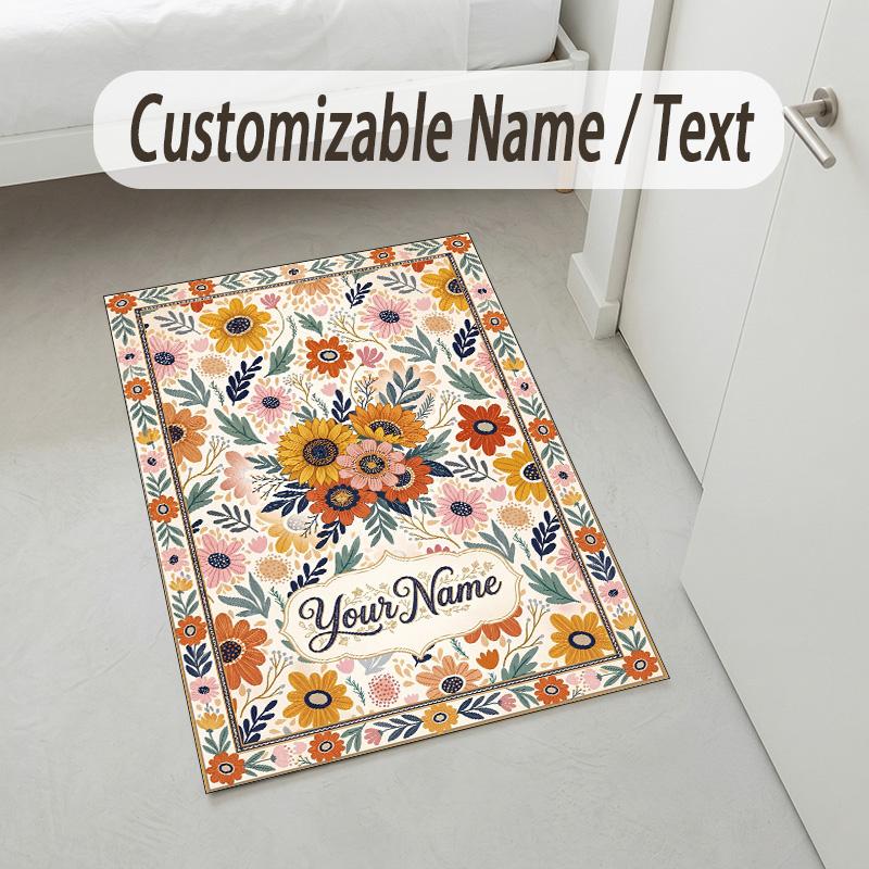 Floral Artwork Theme Soft Crystal Velvet Rug Custom Name & Text Print Non Slip Floor Rug for Bedroom Living Room