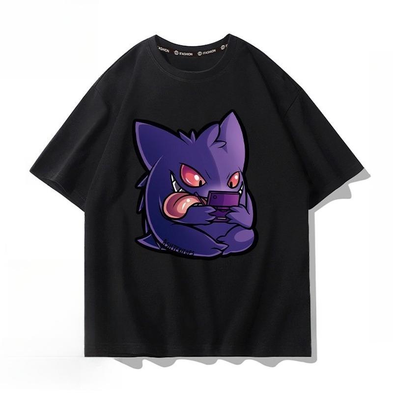 

Pokémon Gengar Black Tee Pure Cotton Tshirt Mens 2026 Summer Fashion Oversize Street Casual Y2K Tops Streetwear Clothing 3XL