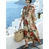 New retro ethnic style geometric rhombus print dress V-neck flared mid-sleeved pocket loose holiday dress