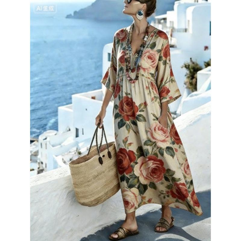 New retro ethnic style geometric rhombus print dress V-neck flared mid-sleeved pocket loose holiday dress