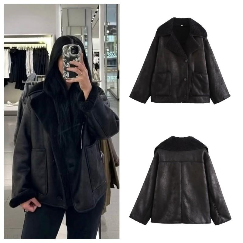 Womens Faux Fur Double-Sided Coat French Style Versatile Button Front Mid-Length Streetwear