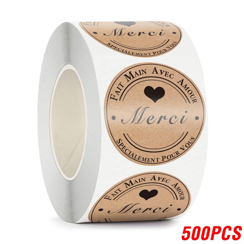 500pcs Merci Kraft Sticker French Thank You Fait Main Avec Amour DIY Multifunction Paper Label Adhesive Gift Seal Sticker