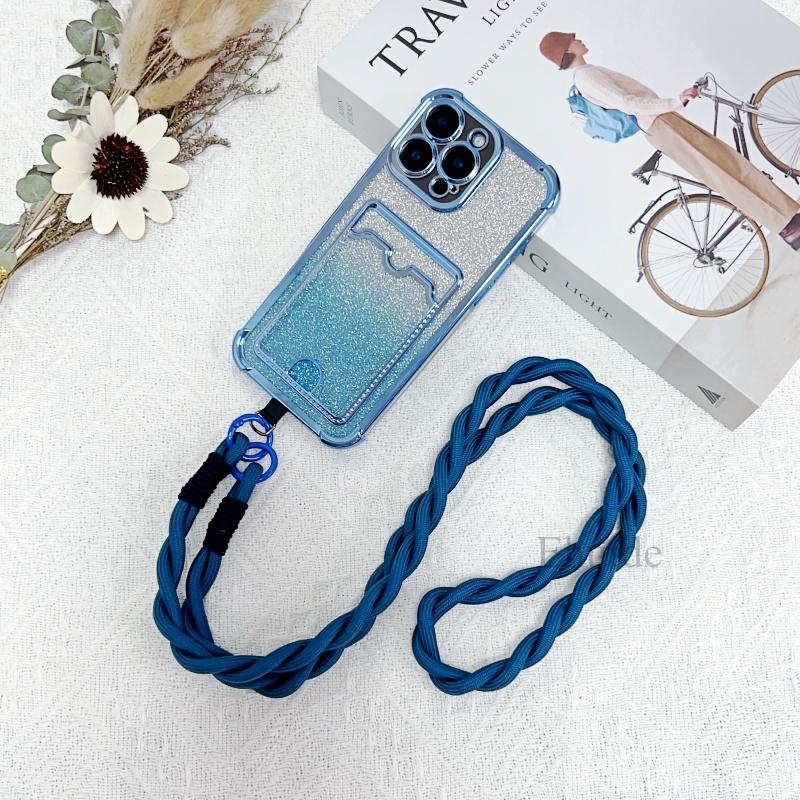 

Candy Lanyard Case For iPhone 16 Pro Max 14 12 11 13 15 Plus 16E Crossbody Neck Cord Strap Soft Plating Glitter Clear Card Cover for iPhone 15