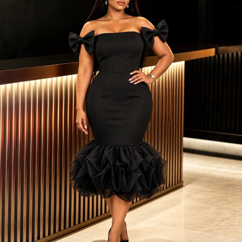 Women Elegant Off Shoulder Bow Tie Mermaid Mesh Bodycon Evening Party Dress