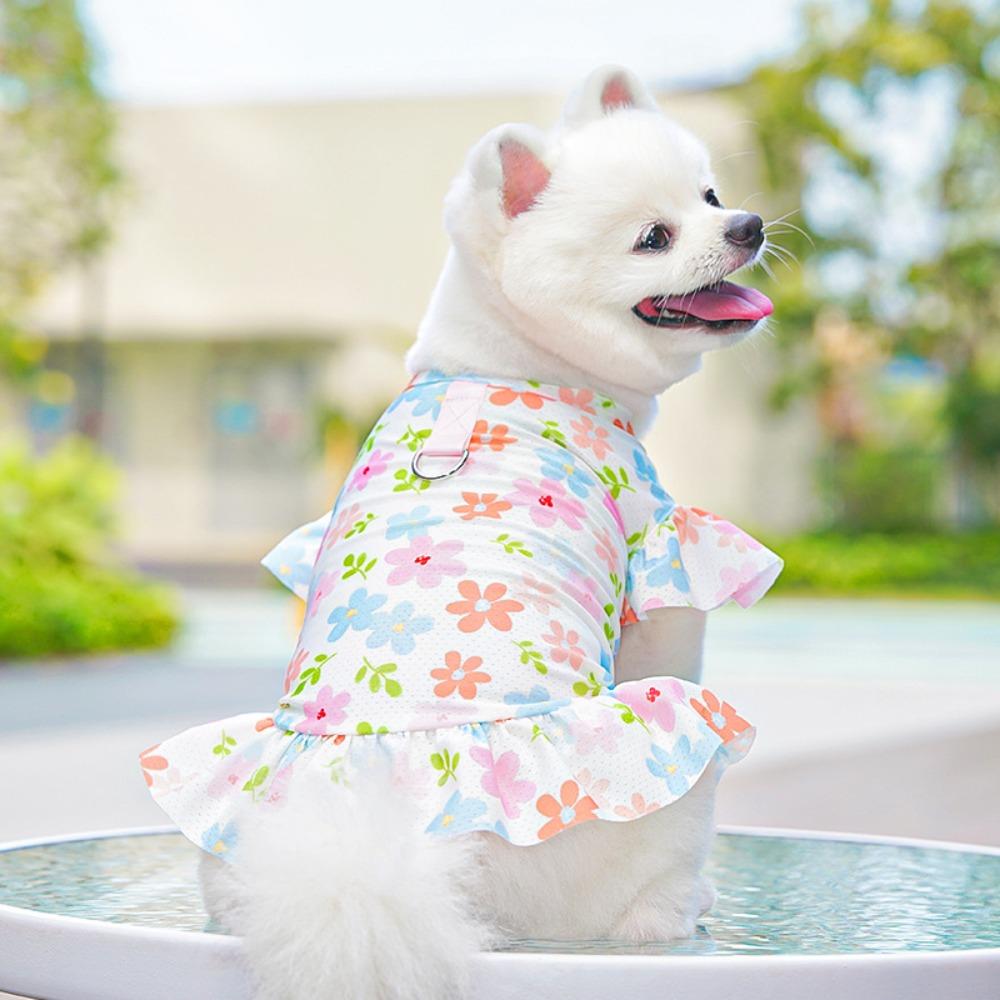 Flower Pattern Ice Silk Dog Clothes Adjustable Pet Flying Sleeve Skirt  Outdoor Activities