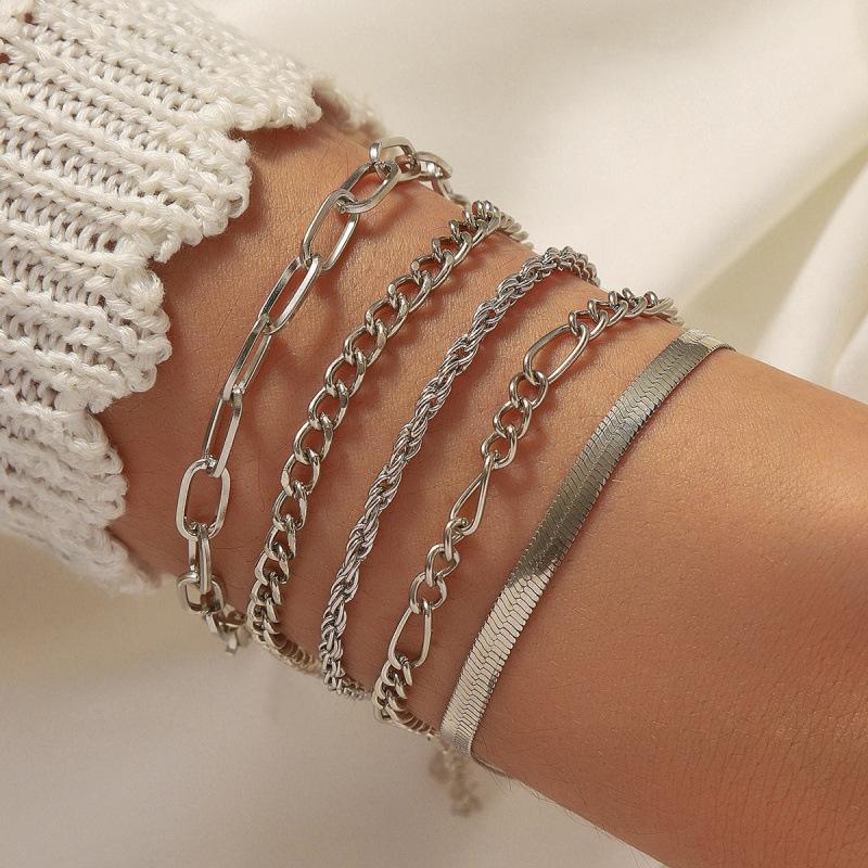 Богемный Стиль Металлическая Цепь 5-Штучный Набор Браслетов Фигаро серебряный
