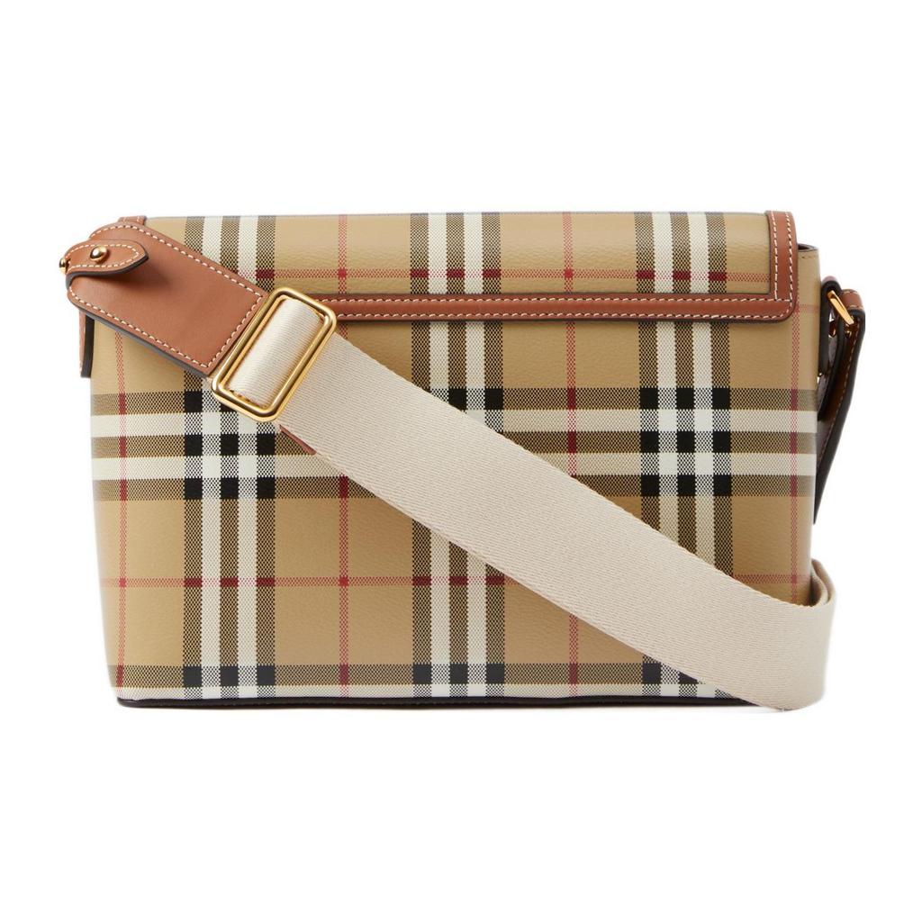 Burberry Classic Check Logo Buckle Cotton And Calfskin Messenger Bag Women Shoulder Bag Khaki 80662261
