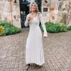 Rib-knit Side Split Maxi Dress Women Solid Color V-neck Slim Fit Robes Autumn Chic Office Lady Commuter Long Dresses