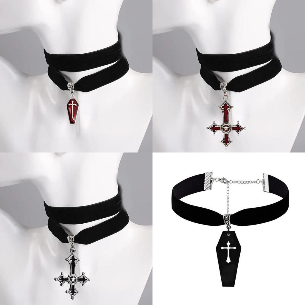 Gothic Style Vintage Velvet Coffin Cross Pendant With Cherry Elements For Halloween Decor