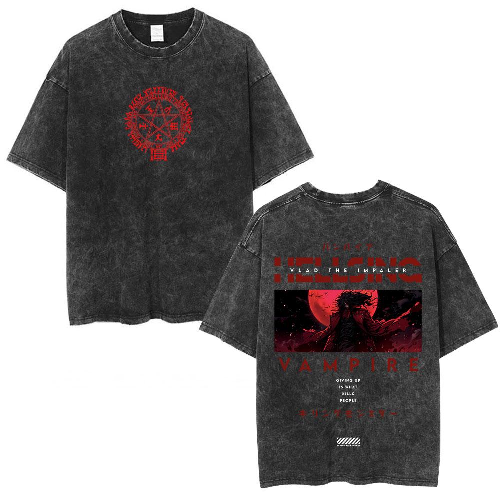 Anime Hellsing Alucard Cool Printing T Shirt Men Vintage Manga Tshirts Washed Cotton Tee Harajuku Male Casual Oversized T-shirt
