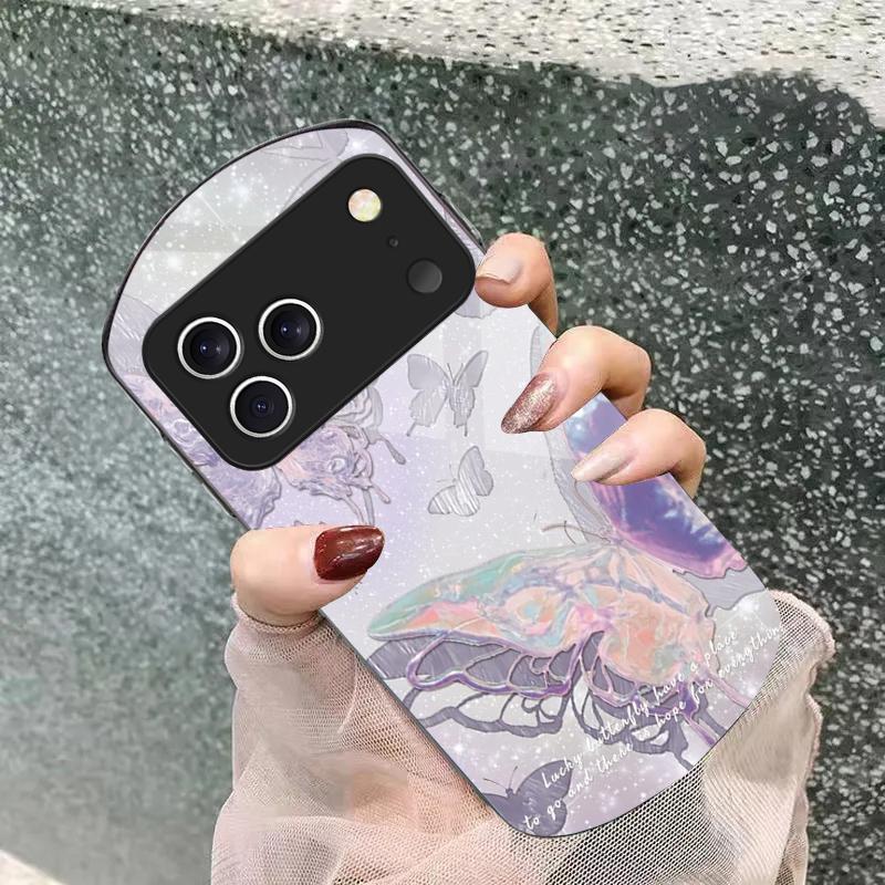 Lucky Butterfly Painting For iPhone 17 Air 16 15 14 Pro 13 Plus 12 Mini 11 Pro Max XR X 7 8 Elliptical Tempered Glass Phone Case