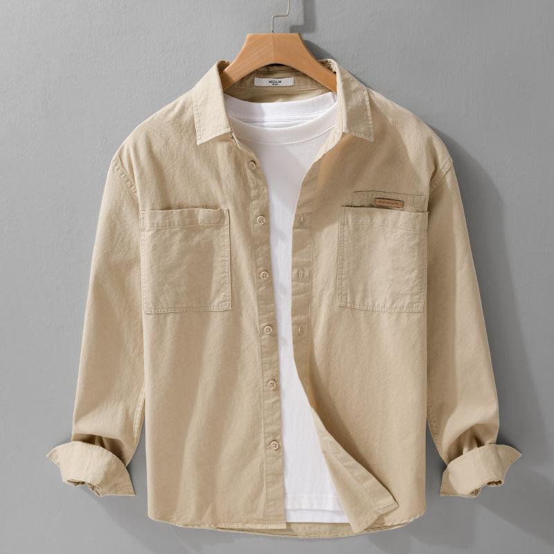 Spring/Autumn 100 Cotton Mens Long Sleeved Shirts Daily Casual Tops Turn Down Collar Double Pockets Green Shirt Korean Retro Style Men Clothing
