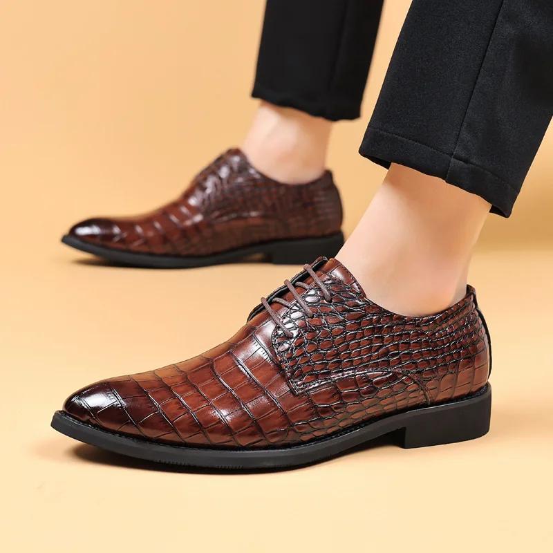 Luxury Brand Men's Leather Shoes Lace Pointy Derby Oxford Print Casual Mens Dress Shoes Man Wedding Party Shoes for Men