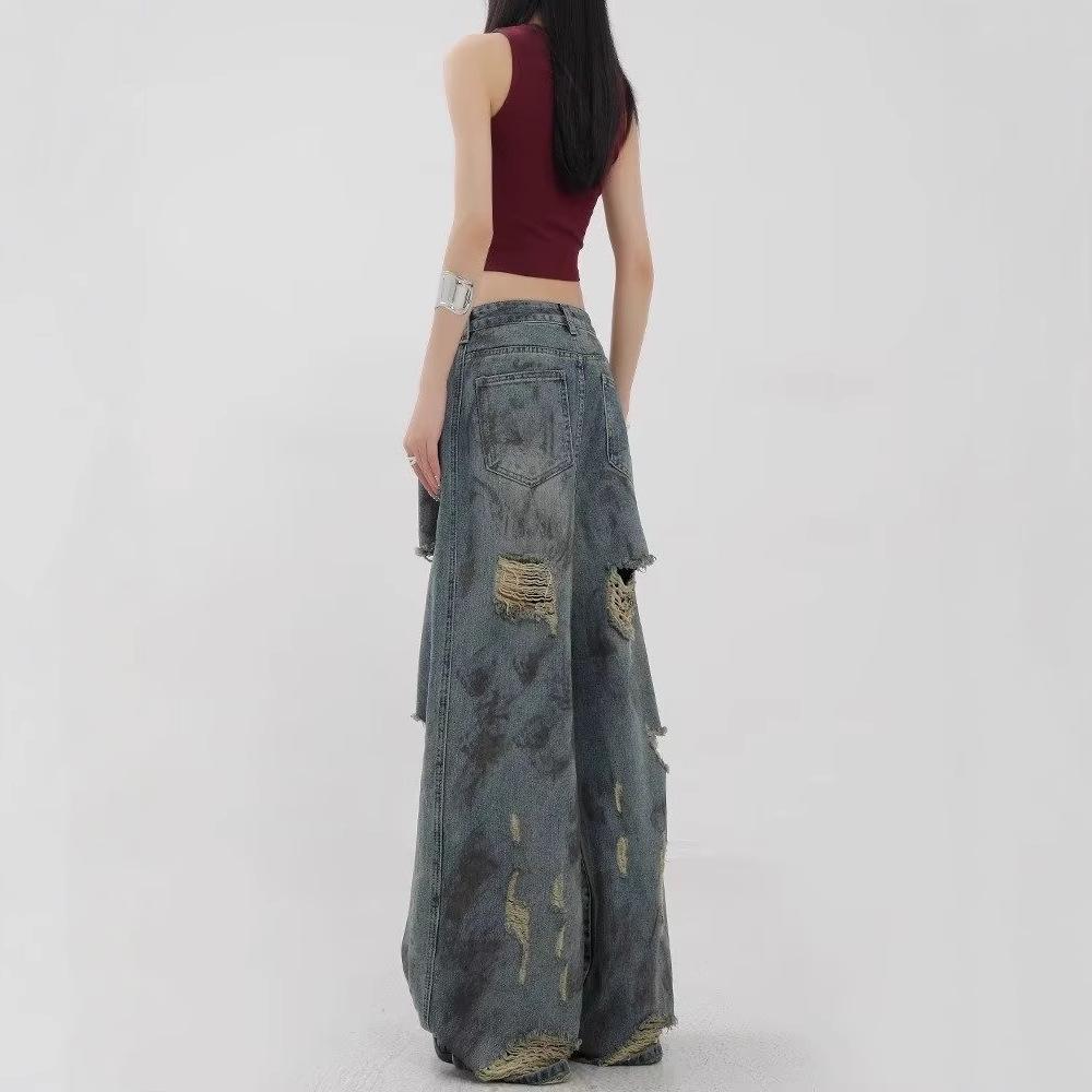 Retro džíny s vysokým pasem a širokými nohavicemi ve stylu Wasteland s cákanci a rozparky pro ženy - Podzimní design