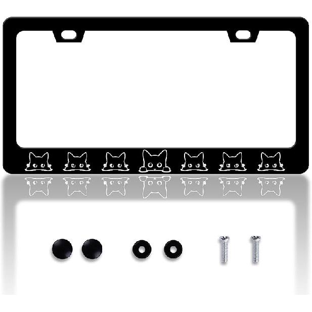 Black Cat License Plate Frame Pet Animal License Plate Holder Personalise Stainless Steel Funny Design Compatible With Standard License Plate Frames