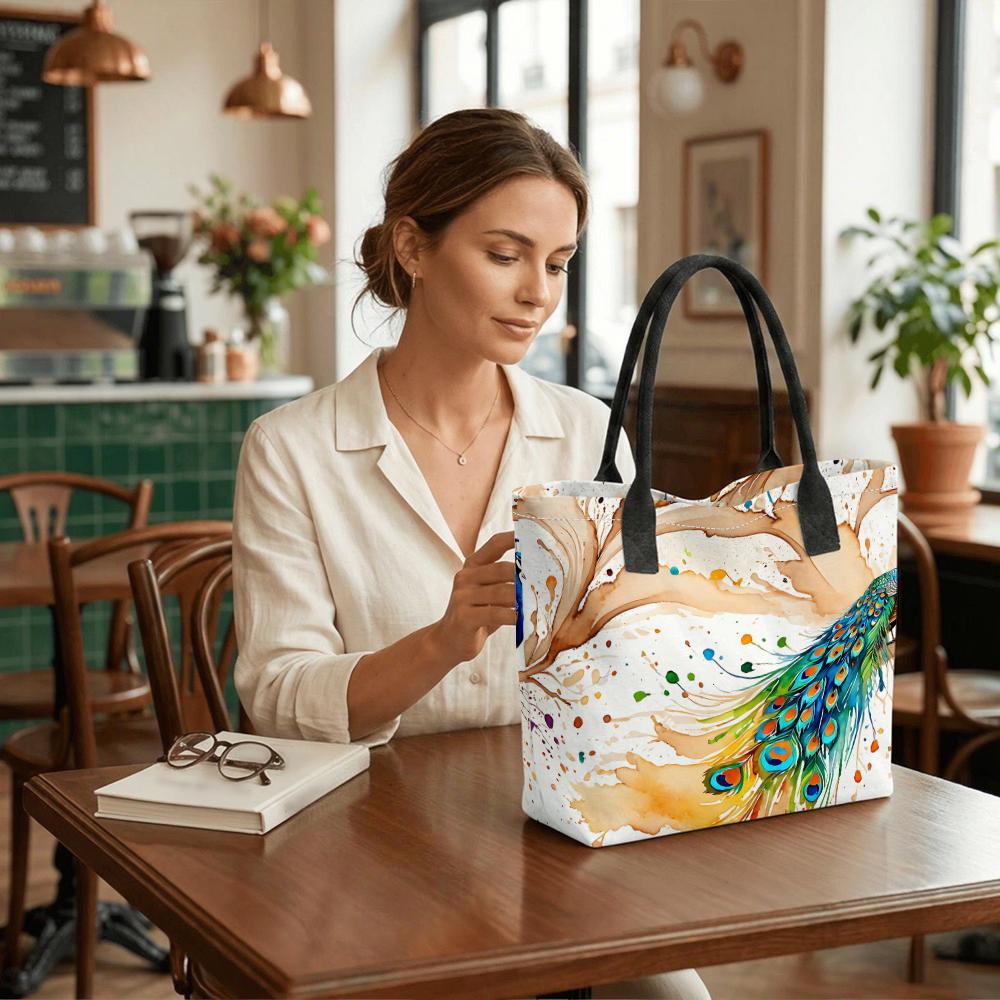  Watercolor Peacock Print Large Tote Bag Fashion Casual Large Capacity Daily Top Handle Shoulder Handbag