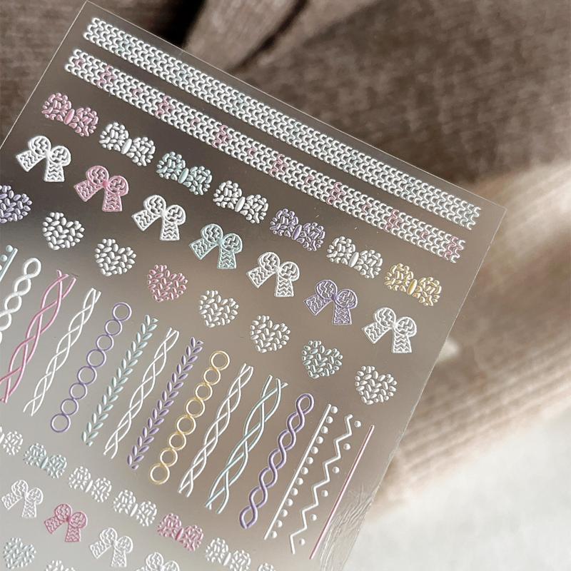 Embossed Knitting Bow Nail Stickers Love Heart Bow Self Adhesive Nail Art Decorations Decals Accessory