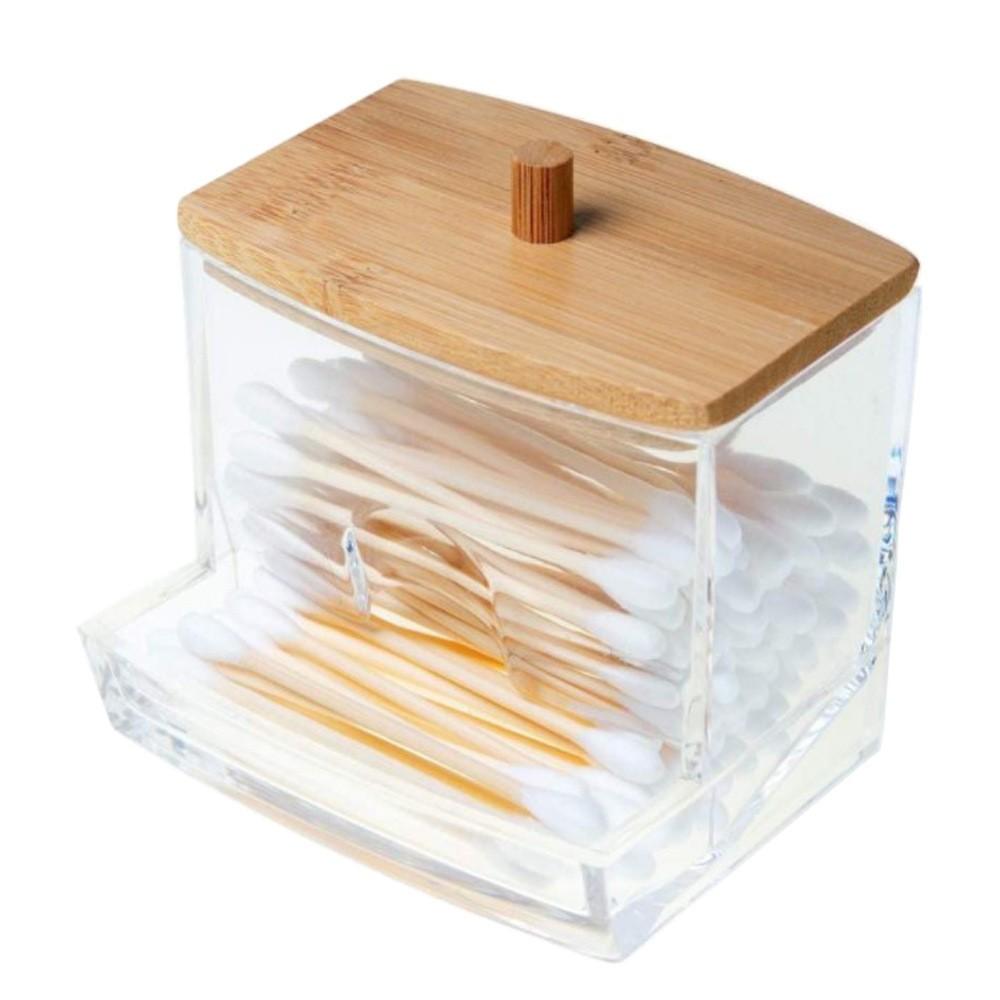 1Pcs Cotton Swab Holder, Cotton Swab Dispenser with Bamboo Lids,Bamboo Bathroom Storage Jars Storage Containers Clear Plastic