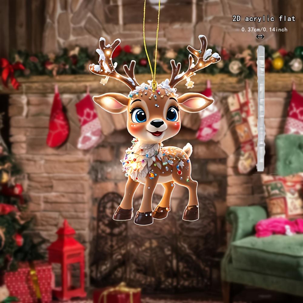 2PCS car pendant charming acrylic  2D flat reindeer baby, decorated with cars and trees, ideal holiday gift, suitable for Halloween, Christmas
