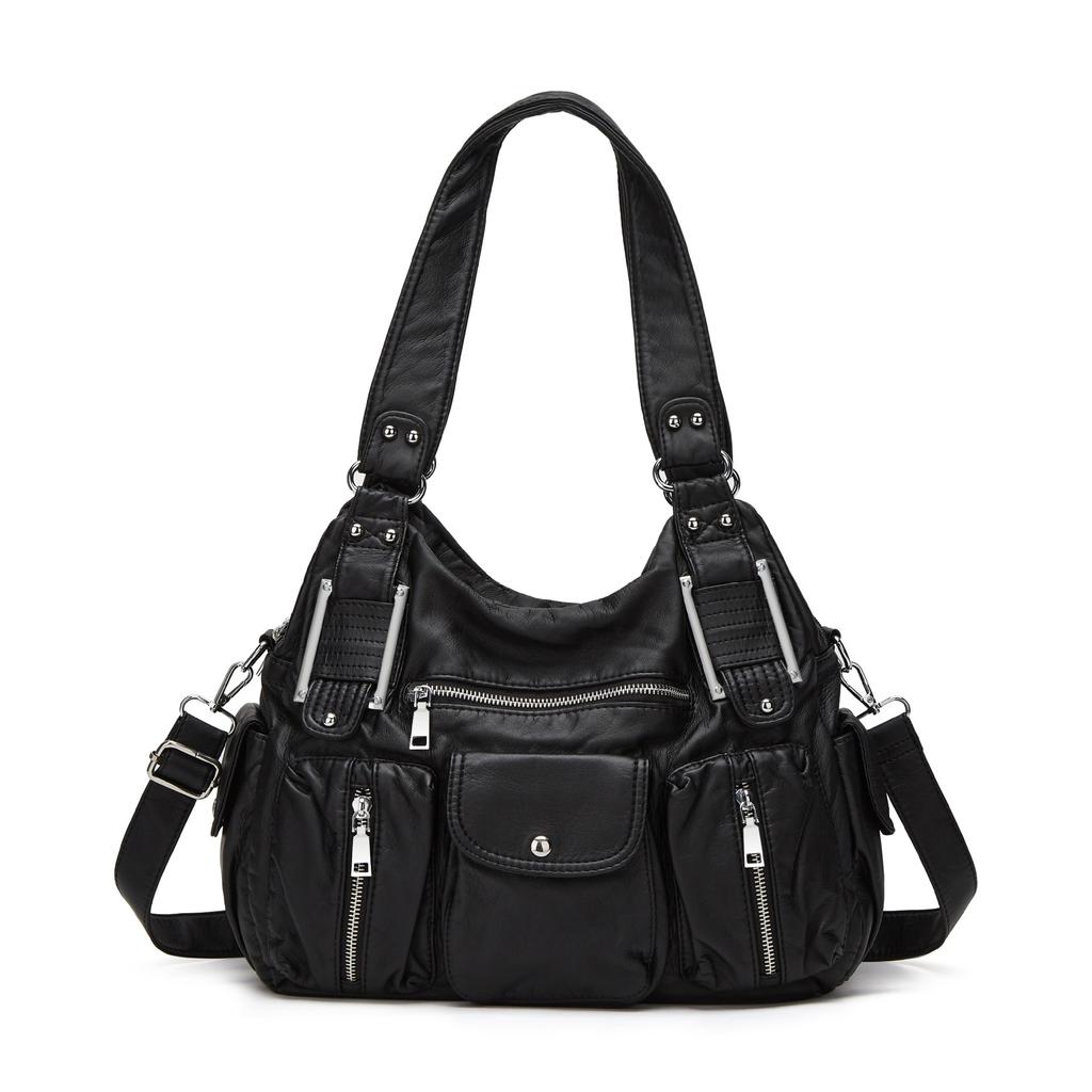 Ladies' Fashionable Retro Lychee Patterned Tote Bag, Large Capacity Washed Multi Pocket Shoulder Bag