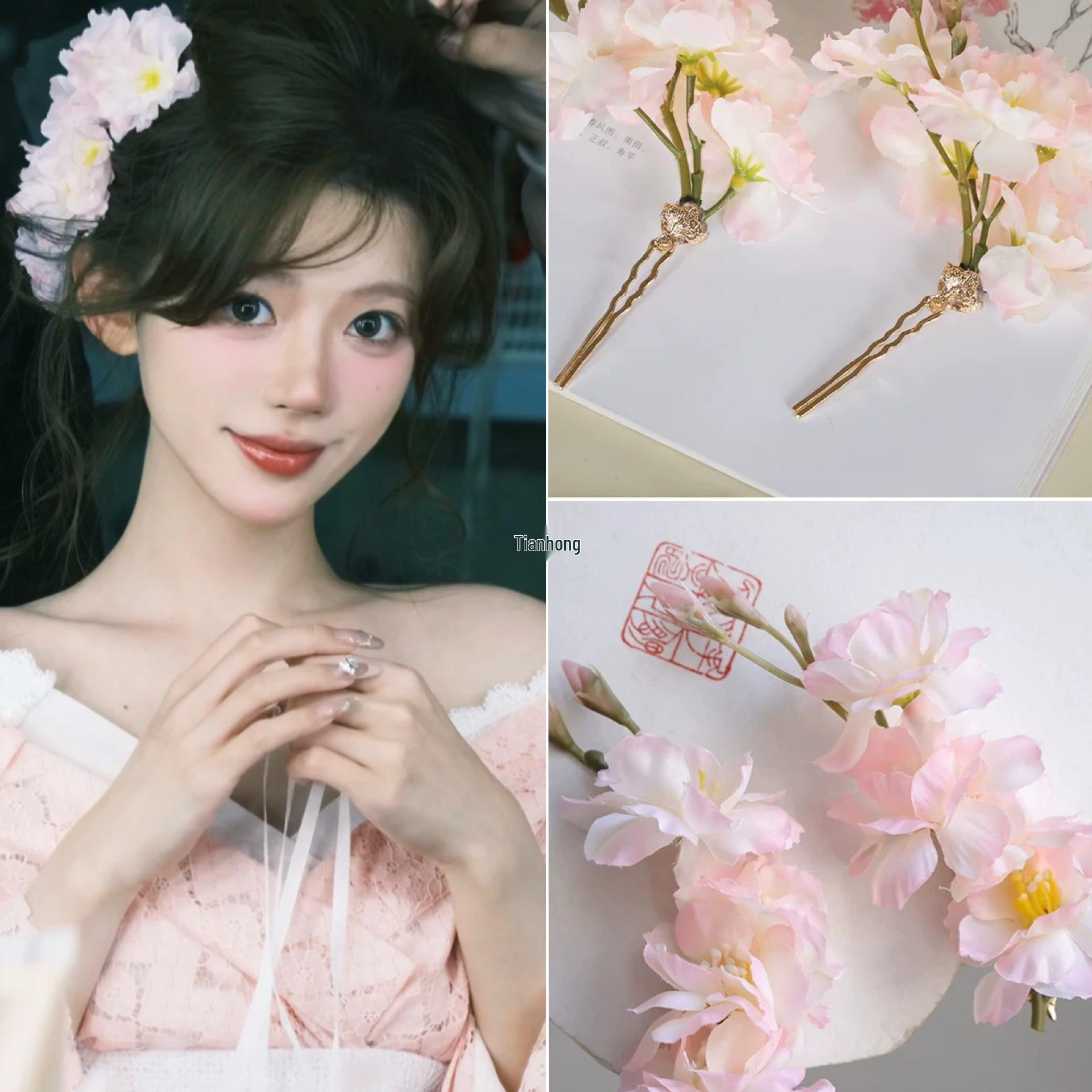 

Pink Cherry Blossom Hairpin and Hanfu Skirt Set with Silk Flower Accessories Cherry Blossom Hair Forks Pair