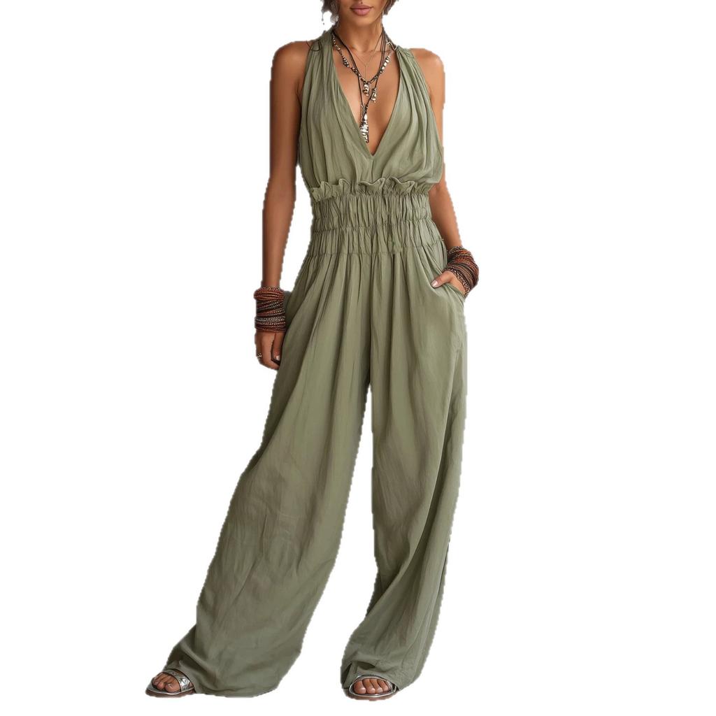 Damen Neckholder Jumpsuit mit weitem Bein Unifarben Tasche Lässiger lockerer Schnitt Rückenfrei Strampler