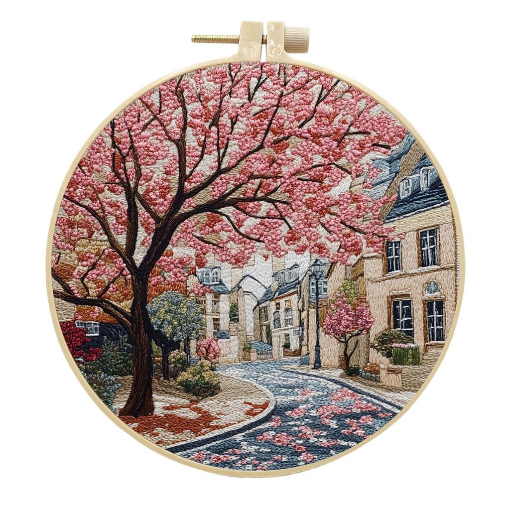 1pc House and Tree Landscape Embroidery DIY Fabric Craft Kit with Tools