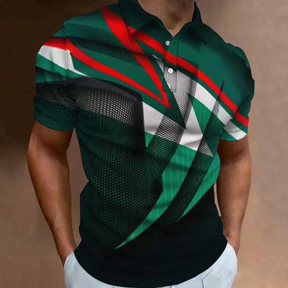 Modern geometric print short-sleeve polo shirt, casual and versatile for daily wear.