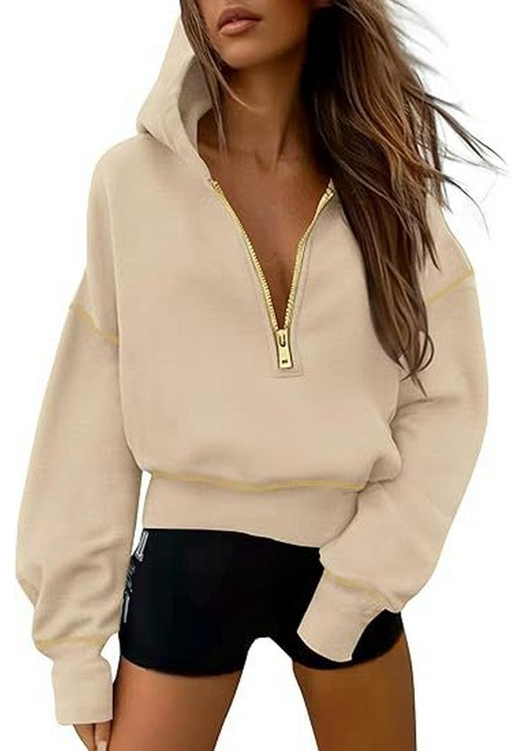 Women's Cropped Half Zip Hooded Sweatshirt - Autumn Winter Fashion 2025