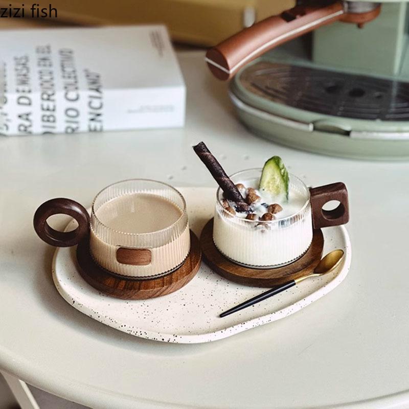 Creative Wooden Handle Glass Mug Solid Wood Coaster Breakfast Cup Oat Cup Milk Cups Coffee Mug Household Water Cups Tea Cup