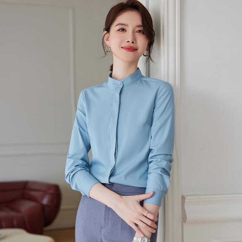 Teluoman Women's Professional Long-Sleeve Stand-Collar Blouse