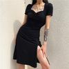 Short-sleeved Dress Summer Sexy Split Fork Pleated Waist Court Style Retro Square Collar Slim and Thin Little Black Dress Woman