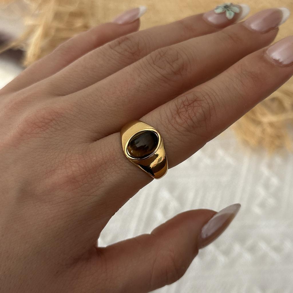 Maillard Style Tiger's Eye Signet Stone Ring for Women Adjustable Gold Plated PVD Coating Stainless Steel Party Jewelry Gift