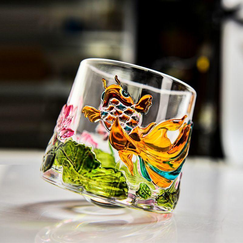Emboss Drinkware Pressure Reducing Rotatable Mug Whiskey Glass with Base Beer Cup Glassware Koi Fish Lotus Home Cocktail Glass