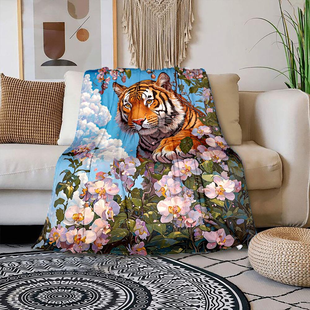 

Multiple sizes Tiger with flowers Print Blanket Warm Soft Suitable for All Seasons for Home Sofa Travel Camping Picnics RV 75x100cm