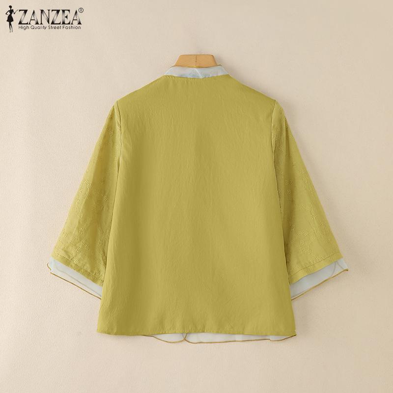 ZANZEA Vintage Damen Kurzarm Knopfleiste Patchwork Ethnische Stickerei Lässige Bluse
