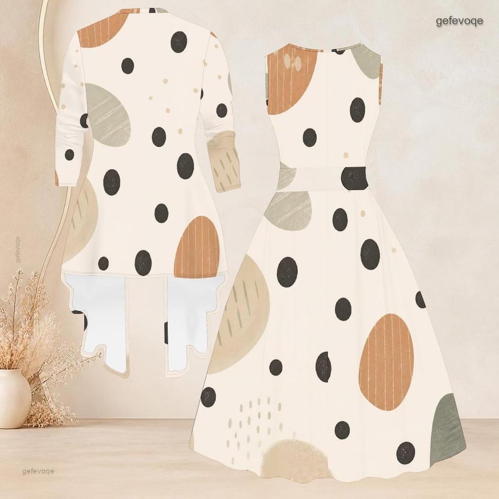 Women Plus Size Geometric Printed Two Piece Set Round Neck Sleeveless Tie Waist Flared Dress 3 4 Sleeve Open Cardigan