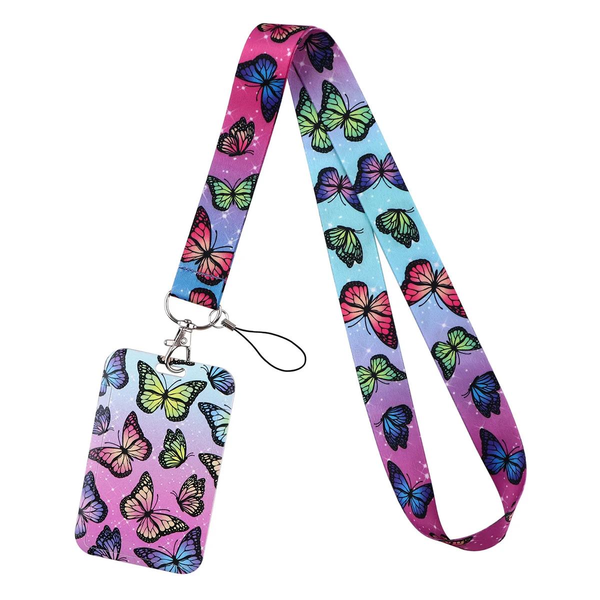 

Butterfly Flower Lanyard Hard Cards Shell Card Cover for Bus Student Work ID Multifunctional Protector Home Office Cards Storage